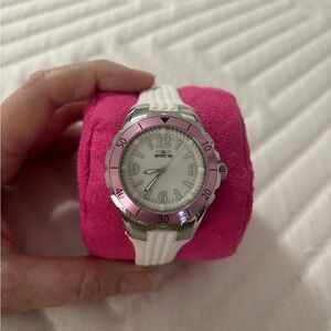 Invicta Silver and Pink Watch with White Strap
